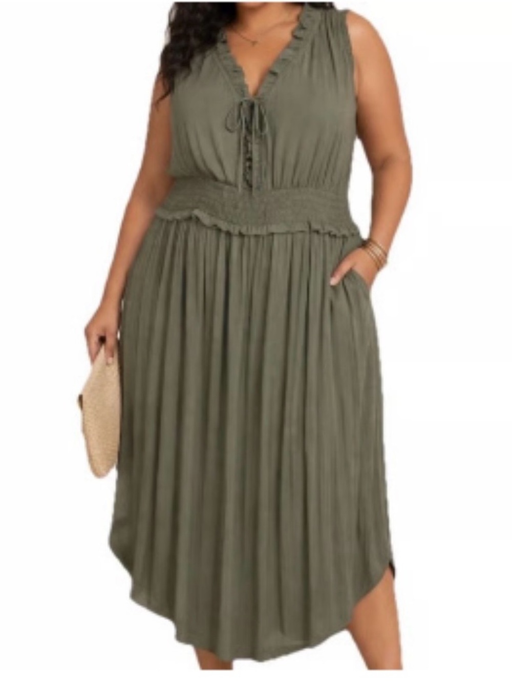Lane Bryant Olive Green Pleated Midi Dress Ruffle Lace Up Plus Size 18/20